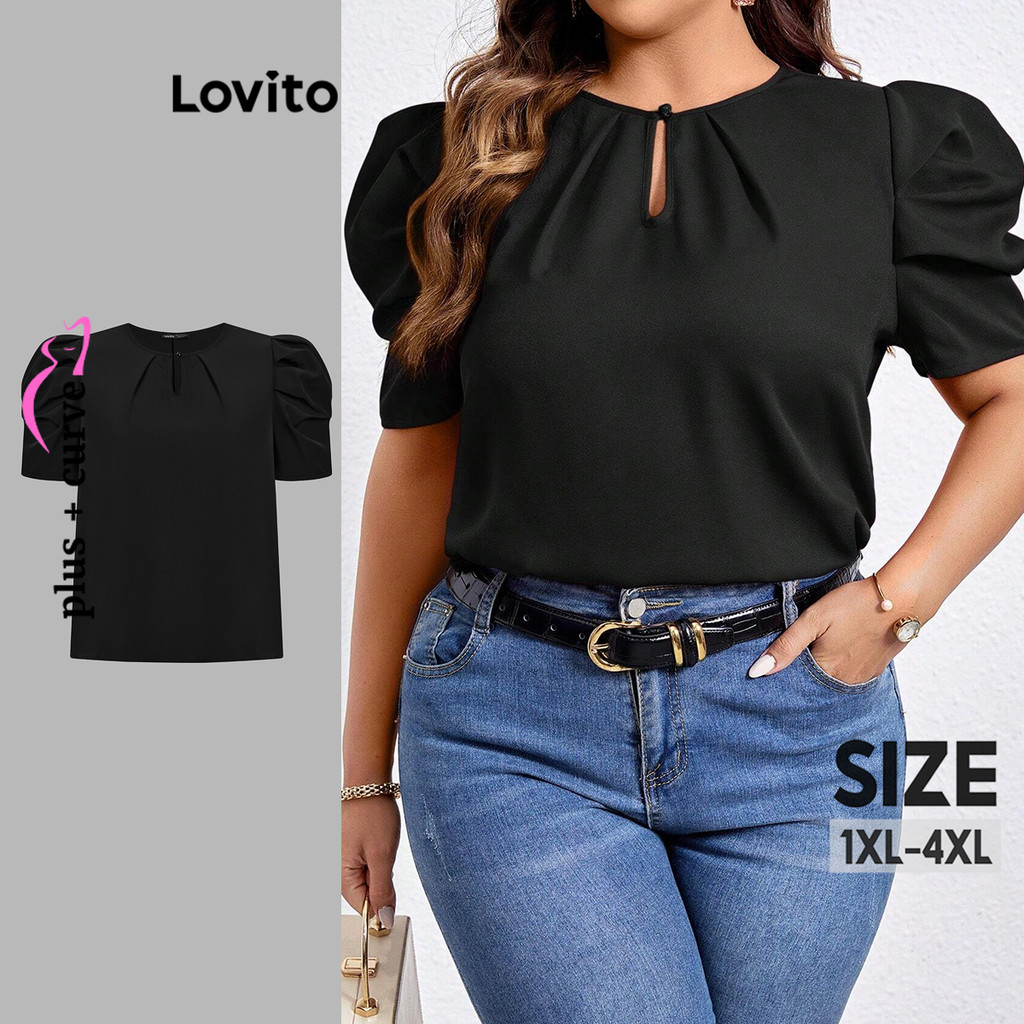 Lovito Blusa Curva Plus Size Elegante Blusa Plissada Com Botão Liso Para Mulheres LBL18304 - Women Clothes