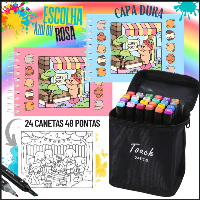 Kit Livro De Colorir Capa Dura 50 Páginas + Canetinhas Marca Texto 24/36/48 Cores