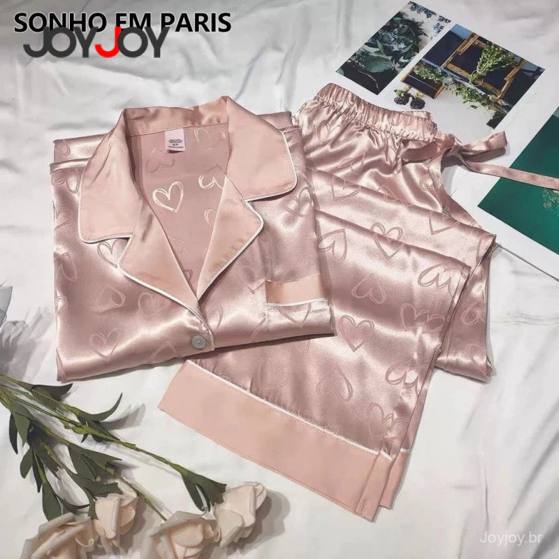 Joyjoy Conjunto de Pijamas de Seda Alta para Mulheres – Verão e Outono, Manga Longa, Conforto e Elegância plus size