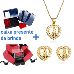 Kit Colar Brincos Delicado Coracao Luxo Nossa Senhora Banhado a Our 18k Conjunto Caixa De Presente Pra Namorada Romantic