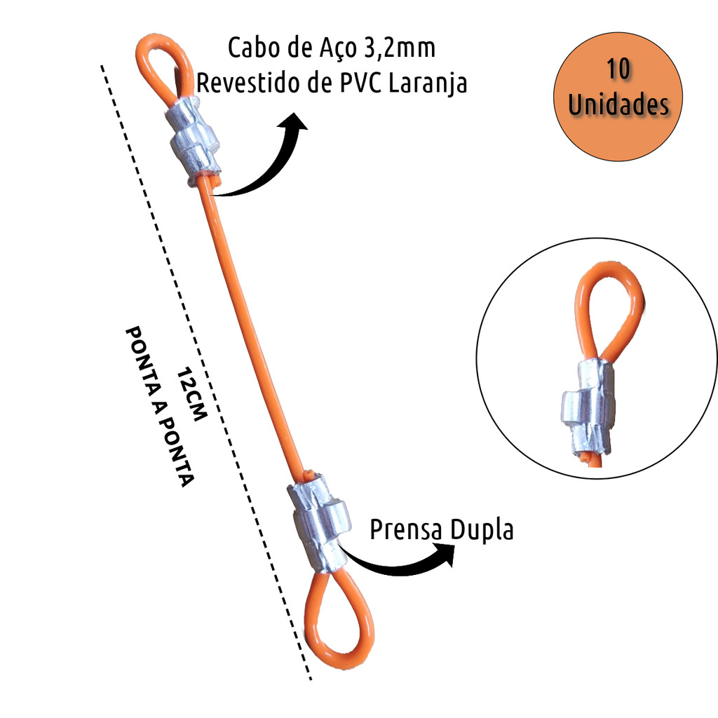 10 Cabo de Bloqueio em Aço 12cm Revestido PVC Laranja Trava Capacete Bike Mala Mochila Security Travel