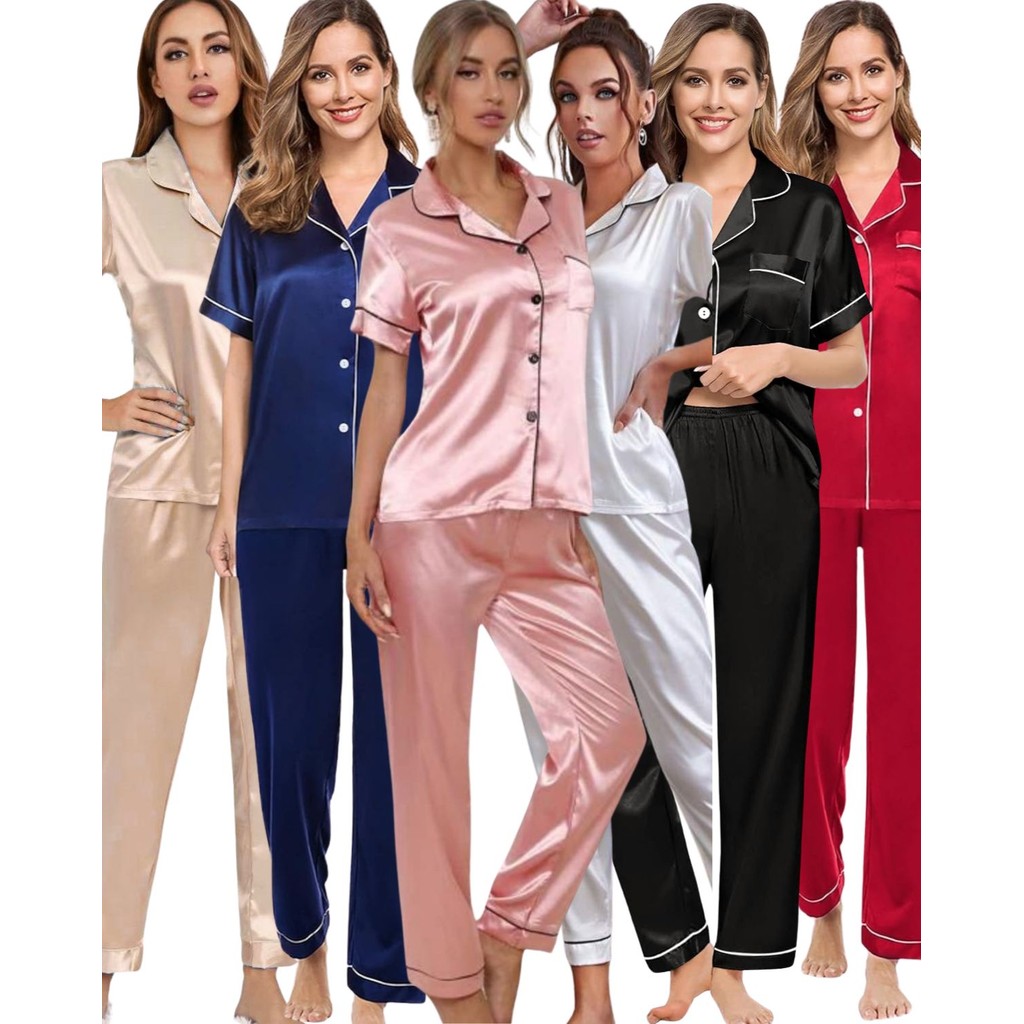 Pijama feminino Americano Cetim de Seda com Elastano Bolso e Botão Calça e Camisa Manga Curta em Oferta na Shopee