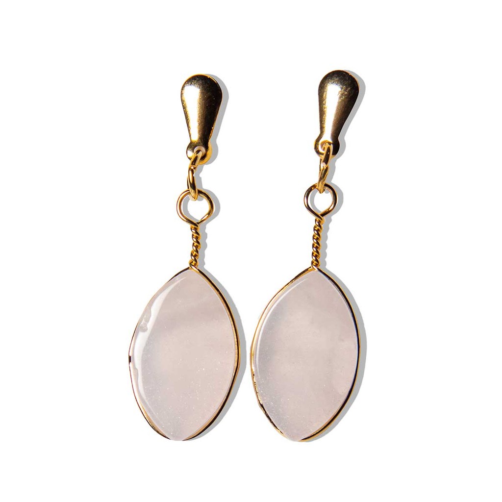 Brinco Navete Quartzo Rosa Tarraxa Dourado