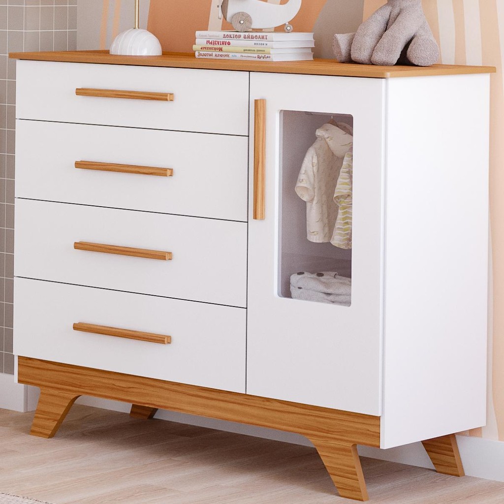 Cômoda Infantil Retro 1 Porta 4 Gavetas 100 % MDF em Oferta na Shopee