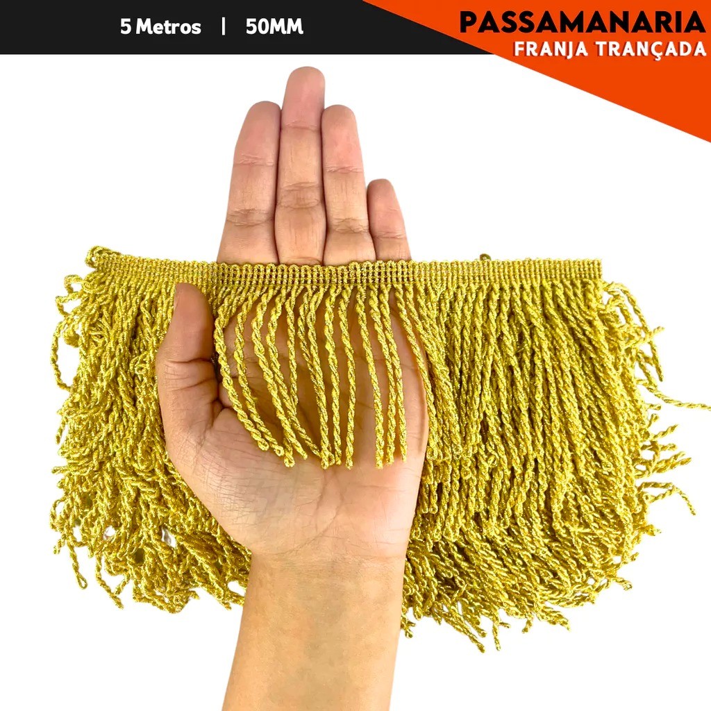 Franja Trançada Passamanaria Dourada - 5Cm - Rl C/ 5 Mts em Oferta na Shopee