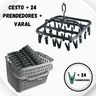 Kit Lavanderia PREMIUM Varal Roupas Íntimas PRETO + Cesto Multiuso CINZA + 24 Prendedores PRETO em Oferta na Shopee