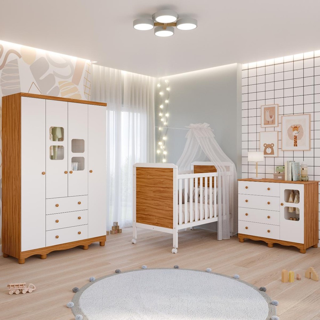 Quarto de Bebê Completo Guarda Roupa Uli 4 Portas Berço Mini Cama Cloe 2 Em 1 Cômoda Uli 1...