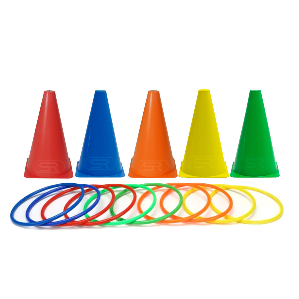 5 Cones Demarcatórios 18cm Liso + 10 Mini Argolas Recreativas