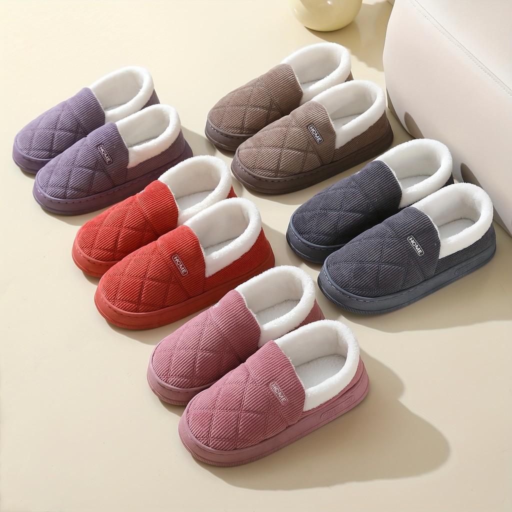 Chinelos quentes para casa feminina de inverno, forro de pelúcia de quarto com sola macia, sapatos de chão redondos anti