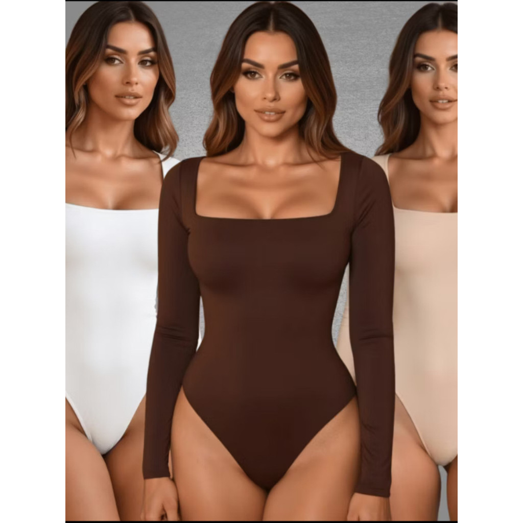 Kit 03 Body Feminino Manga Longa Decote Quadrado Suplex Forro Duplo