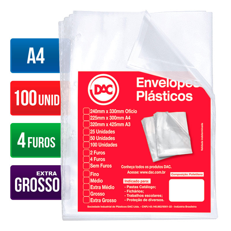 Envelope plástico A4 0.20 4 furos 5088A4 pacote com 100 unidades Dac