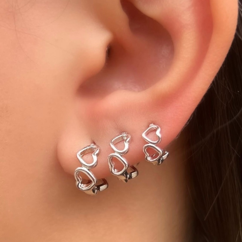 Trio Brinco Argola Click Prata 925 Coração Vazado
