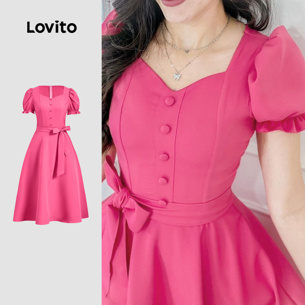 (Trendy) Lovito Vestido Elegante Com Cinto E Botão Liso Para Mulheres L131LD1296 em Oferta na Shopee