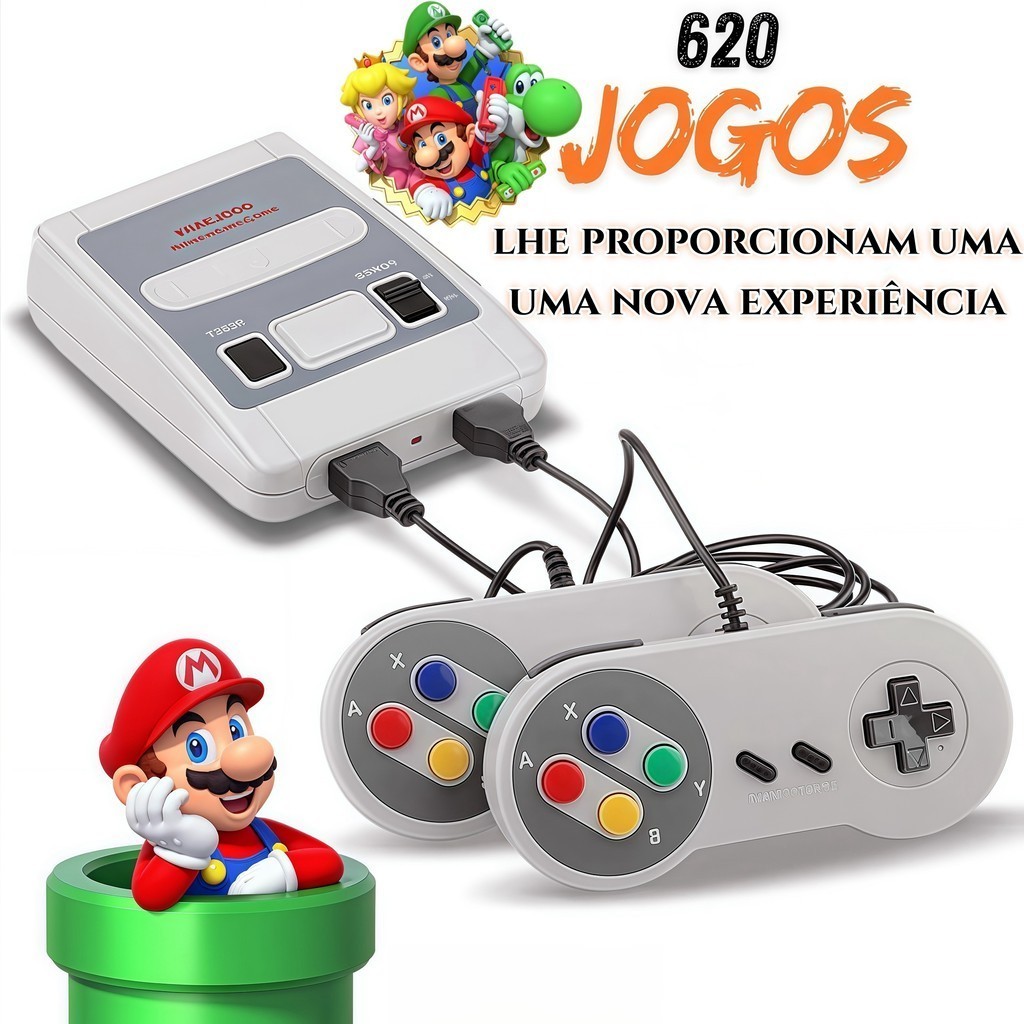 Imagem Super Nintendo Mini SNES clássico de videogame, com 2 controles, 8 bits e 620 jogos originais