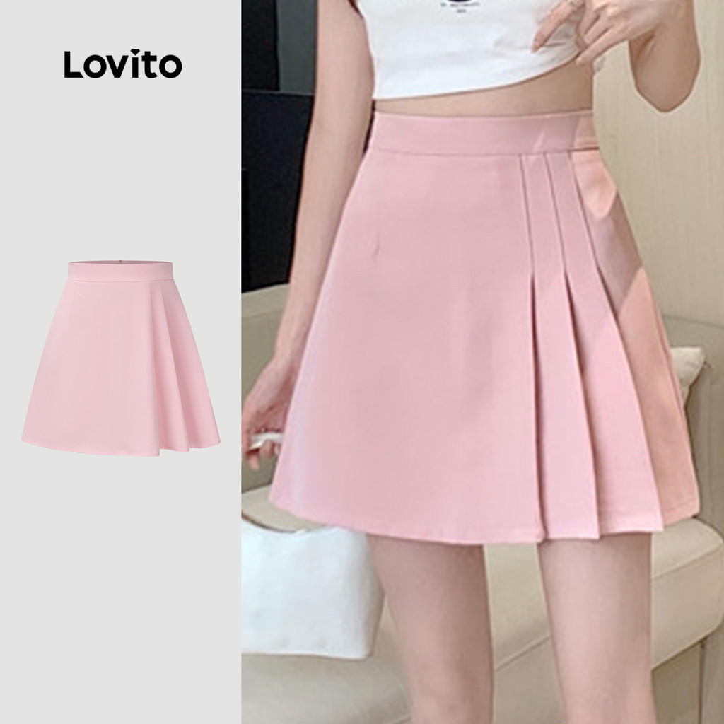 Lovito Saias Assimétricas Plissadas Lisas Casuais Para Mulheres L133ED1008 - Women Clothes