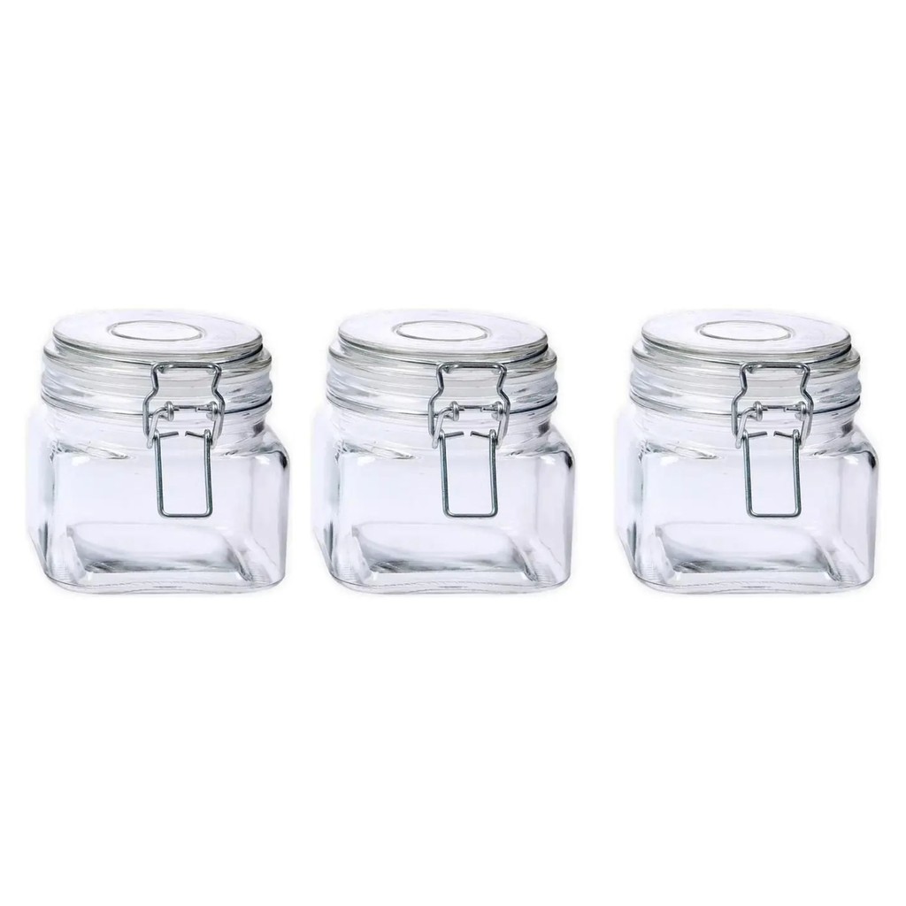 Kit 3 Pote De Vidro Vedação Hermético Quadrado C/ Travas Presilhas 460ml Design Sofisticado