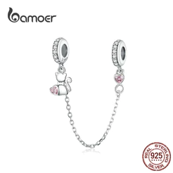 Bamoer 925 Prata Esterlina Encantos Contas Corrente De Segurança Bonito Gato Design Diy Para Pulseira Presentes Mulher S