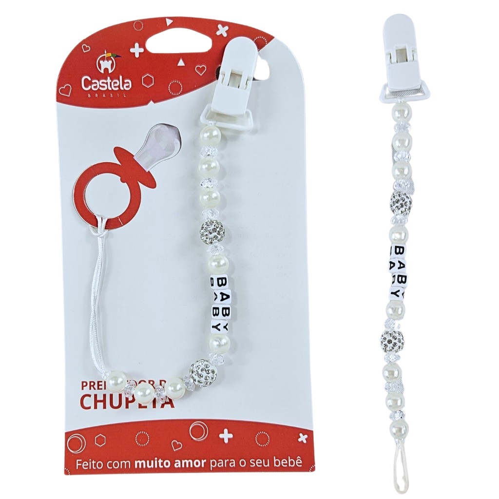 Prendedor de Chupeta Baby Branco Perola Trava Clipe Livre BPA - Castela em Oferta na Shopee