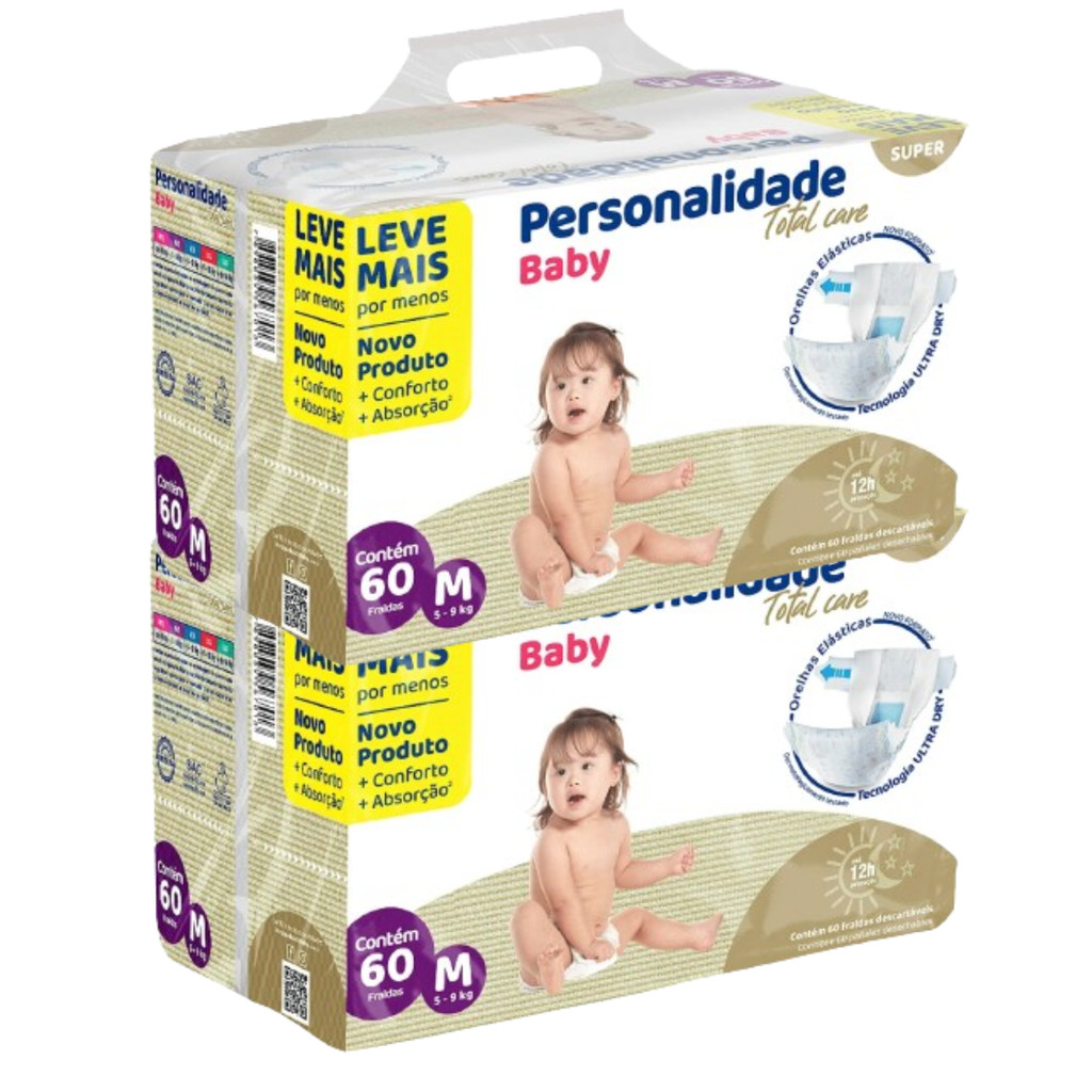 Kit 2 Fralda Descartável Infantil Personalidade Baby Total Care Bag - Tam M 60 cada - Total 120un