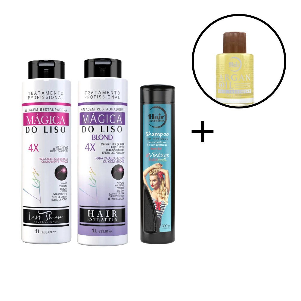 Kit Gloss Selante Mágica Do liso,Magica do Liso Blond,Oil Argan,Shampoo Anti-Resíduos Hair Extrattus