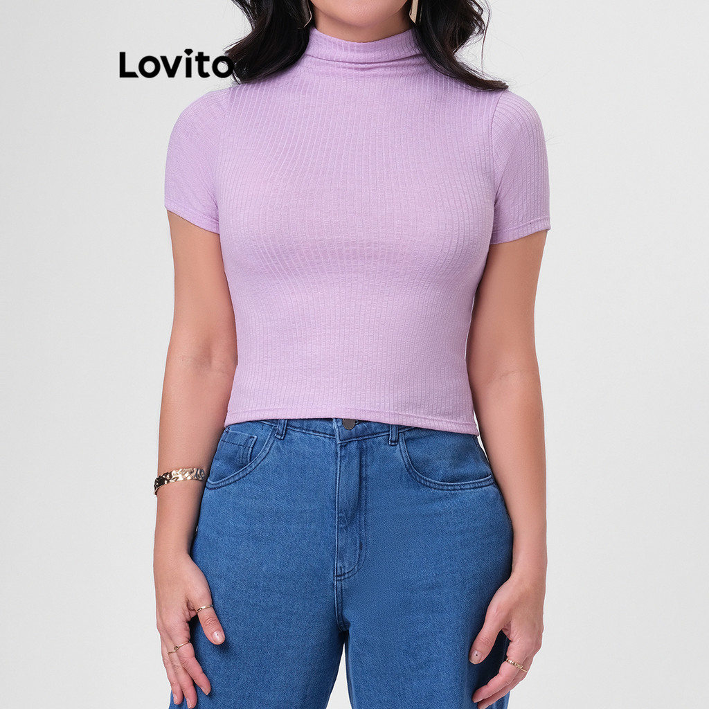 Lovito Camiseta Feminina Manga Curta de Malha Canelada e Gola alta LB196BRL225 - Women Clothes