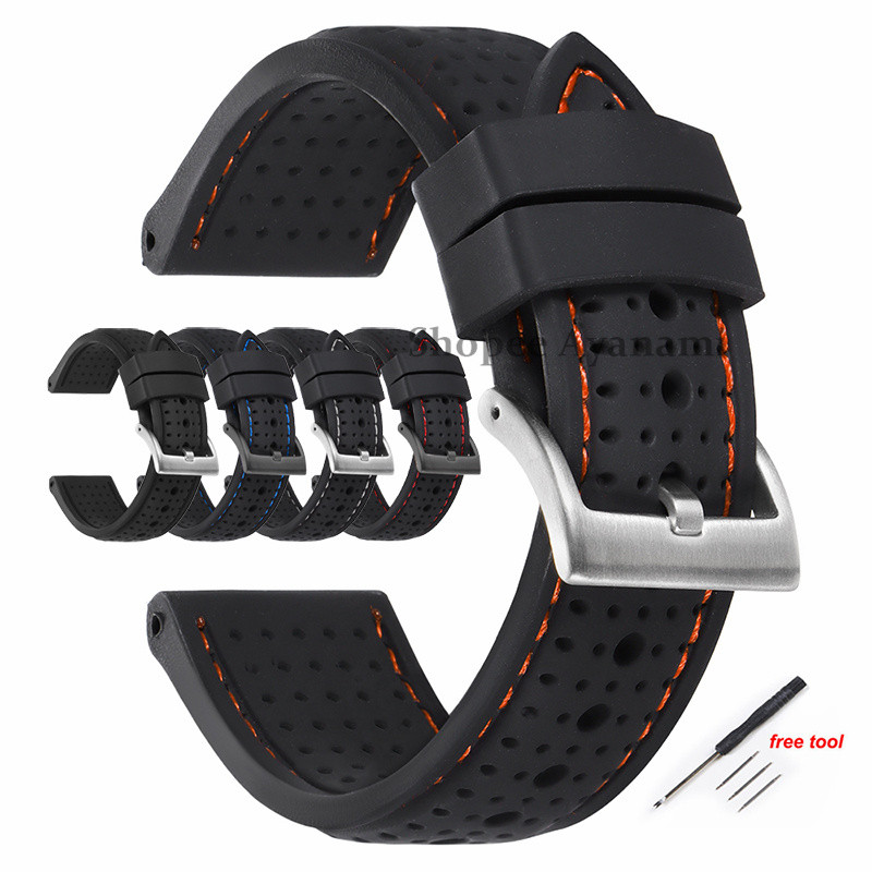 20mm 22mm 24mm Preto Silicone Pulseira De Relógio Respirável À Prova Dwaterproof Água Costura De Borracha Macia Feminino