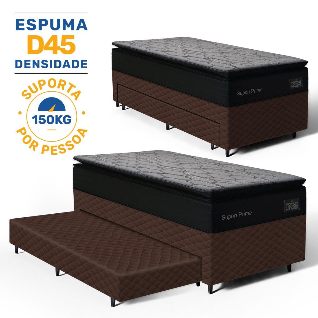 Cama Box com Colchão de Espuma D45 Pillow Top Suport Prime + Auxiliar de Espuma Unique Solteiro 88cm