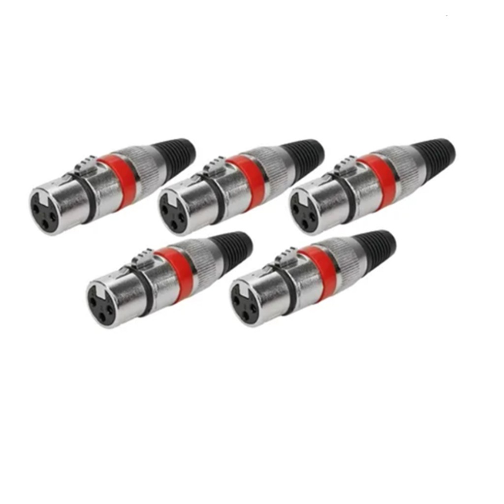 Kit 5 Peças Plug XLR Cannon Fêmea Vermelho - Qualidade Profissional e Durabilidade