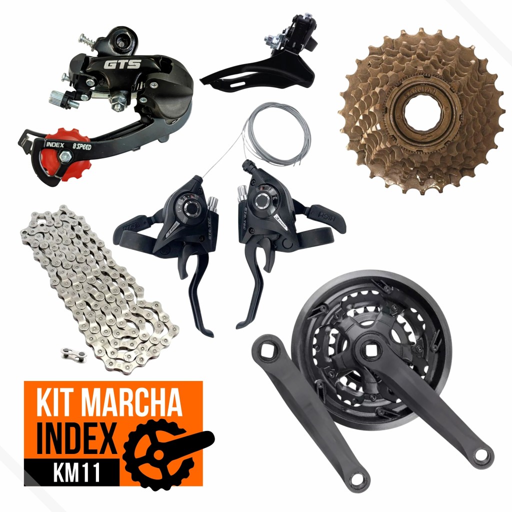 Kit Marcha Index Alavanca 21v c/Manete + Roda Livre 7v + Corrente + Pedivela 24/34/42 + Cambios GTS