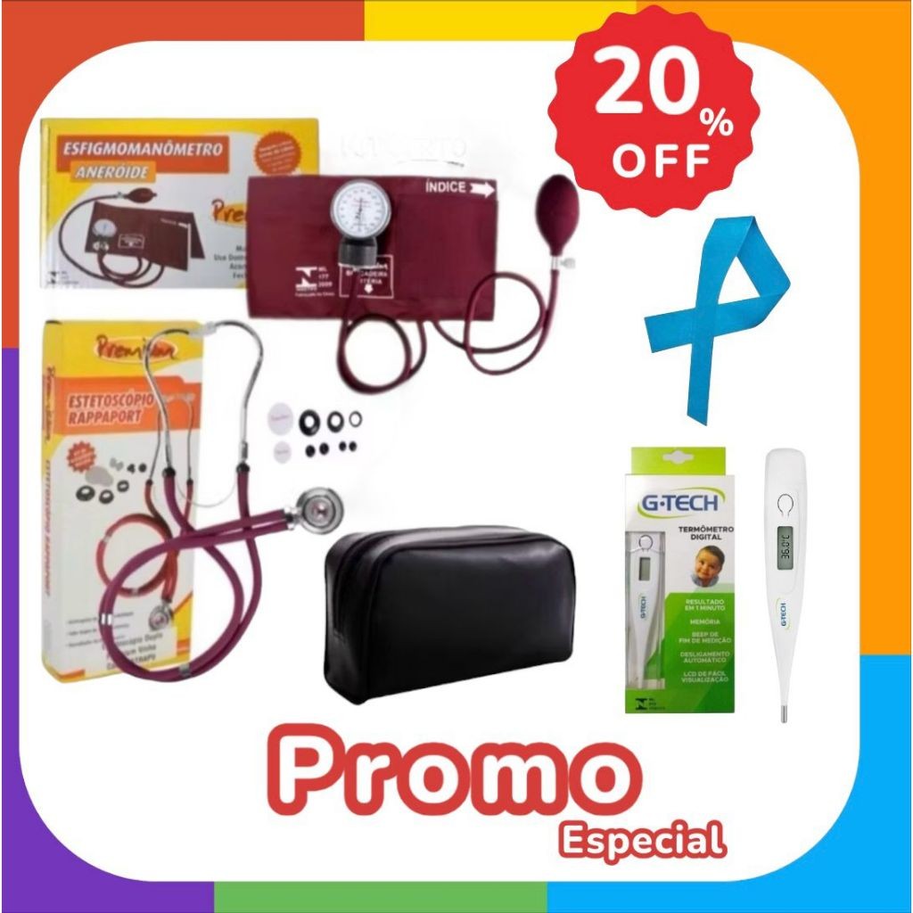 Super Kit Enfermagem Aparelho de Pressão Estetoscópio Premium Completo Preto Pink Lilás