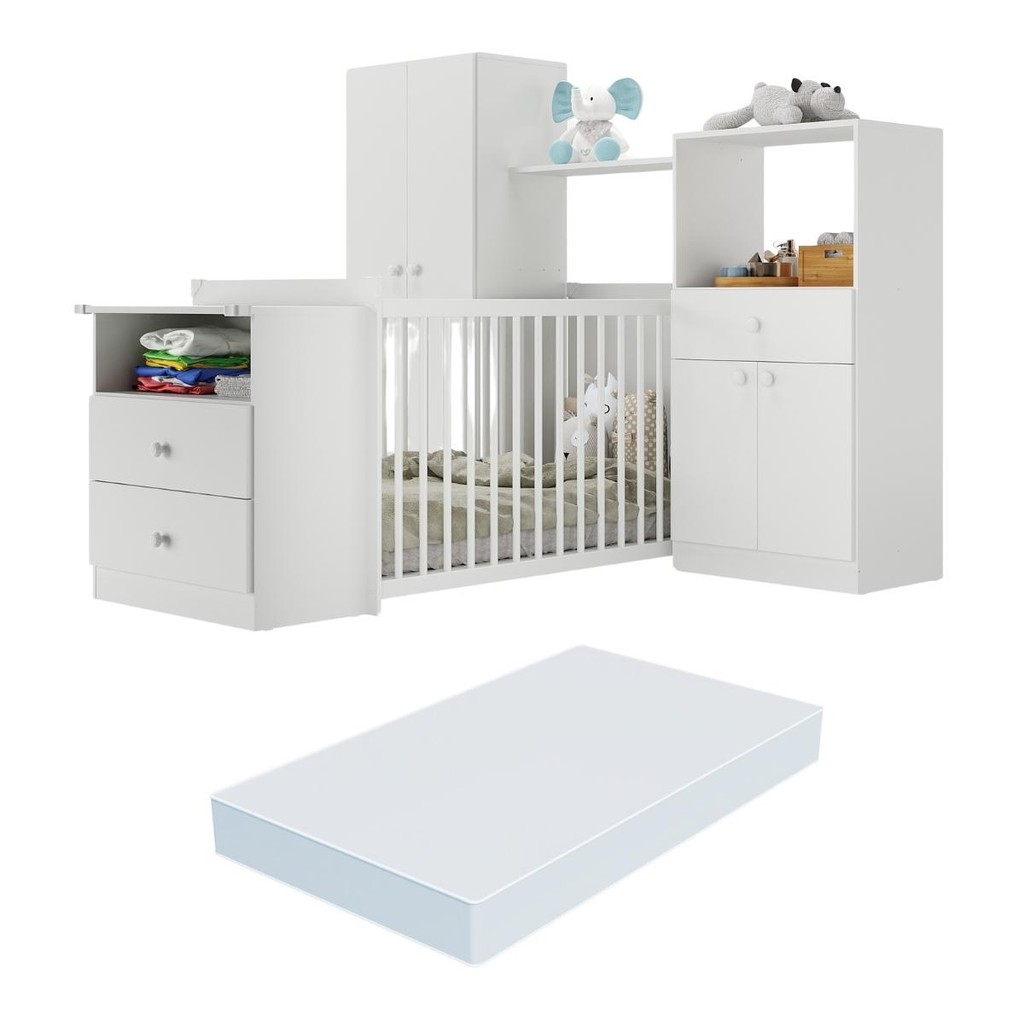 Quarto Infantil com Berço-Cômoda e Colchão Incluso Olívia Multimóveis Branco - Mom & Baby