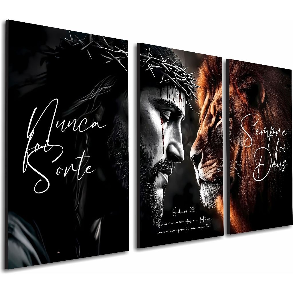 Quadro Decorativo Jesus Cristo Salmo 23 Leão de Judá Religioso Nunca Foi Sorte Sempre Foi Deus Sala