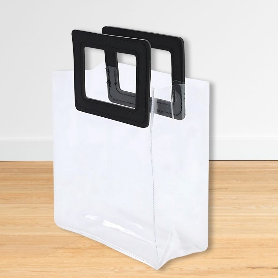 Sacola Transparente PVC Com Alça Retangular Couro Preta - 16,4x14,2x7,3cm em Oferta na Shopee
