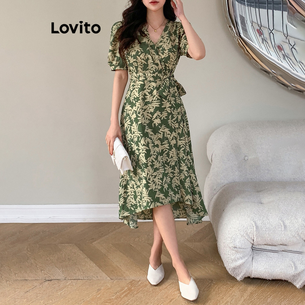 Lovito Vestido Boho Floral Criss Cross Com Cinto Para Mulheres L68ED196 (Verde Escuro) - Women Clothes