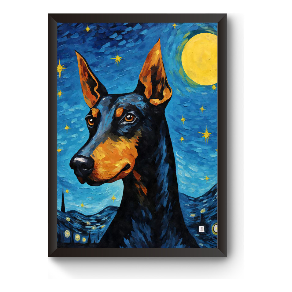 Quadro Decorativo Cachorro Dobermann Noite Estrelada Raça Arte