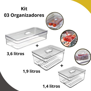 Kit 3 Organizadores de Geladeira 3,6+1,9+1,4 Litros Com Tela -Plastutti em Oferta na Shopee