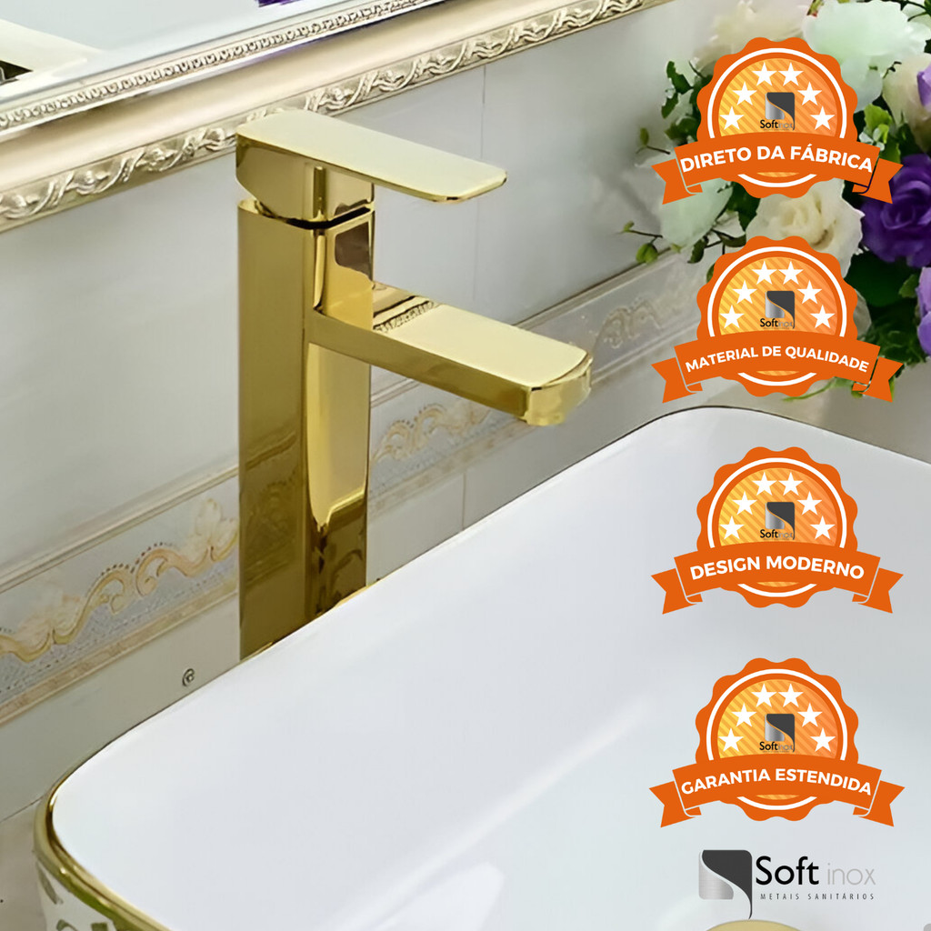 Torneira Banheiro Lavatório Luxo Metal Bica Alta Baixa Monocomando Luxo Dourado
