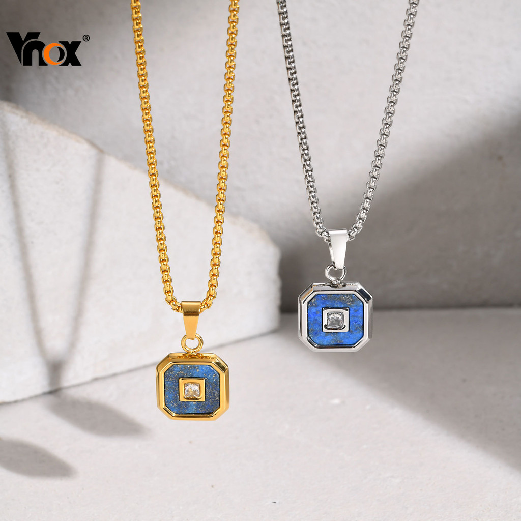Colar De Aço Inoxidável Com Pingente De Lápis-Lazúli Quadrado Vnox Para Homens , Zircônia Incrustada Exclusiva , Present em Oferta na Shopee