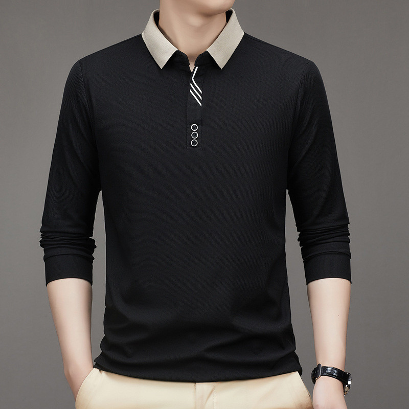 Novo estilo masculino camisa Polo de manga comprida, camiseta de fundo de lapela de cor sólida