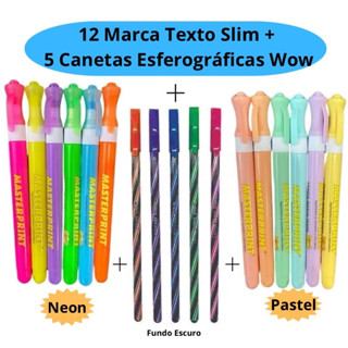 Kit 12 Marca Texto Slim ( Pastel e Neon) Masterprint + 5 Canetas Esferográficas Wow 0.7mm Jocar em Oferta na Shopee