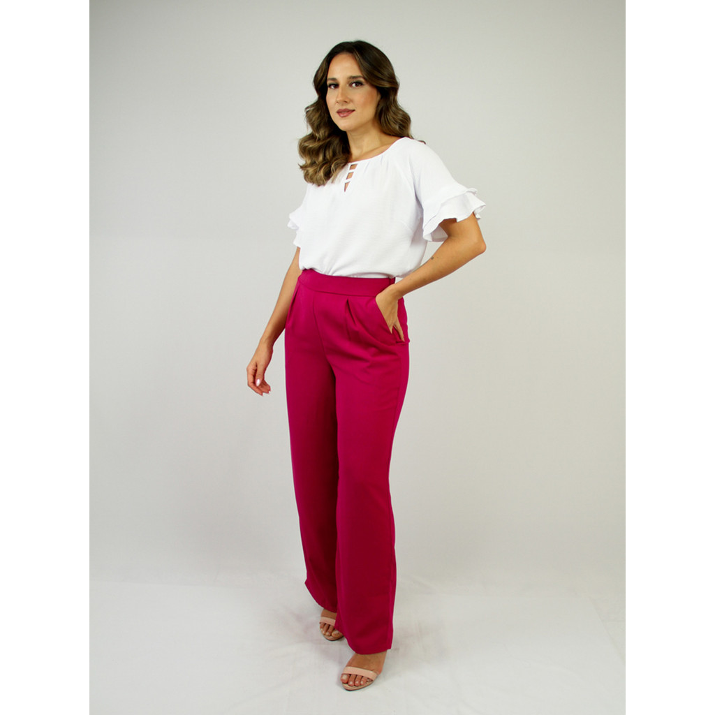 Calça Feminina Pantalona Crepe Sevilha Estilo Office Social Cintura Alta Com Bolsos Laterais
