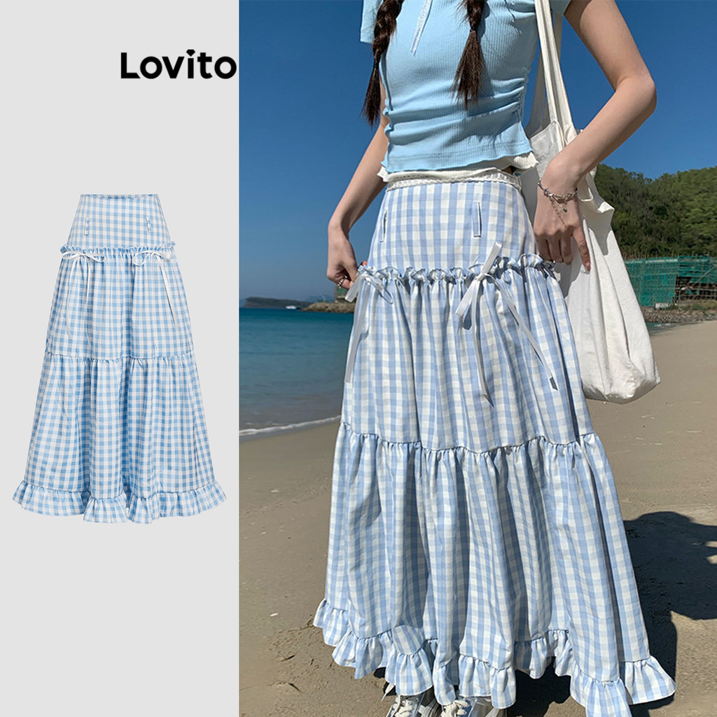 Lovito Saias Fofas Saia Xadrez Com Gravata Frontal Para Mulheres L114AD012 - Women Clothes