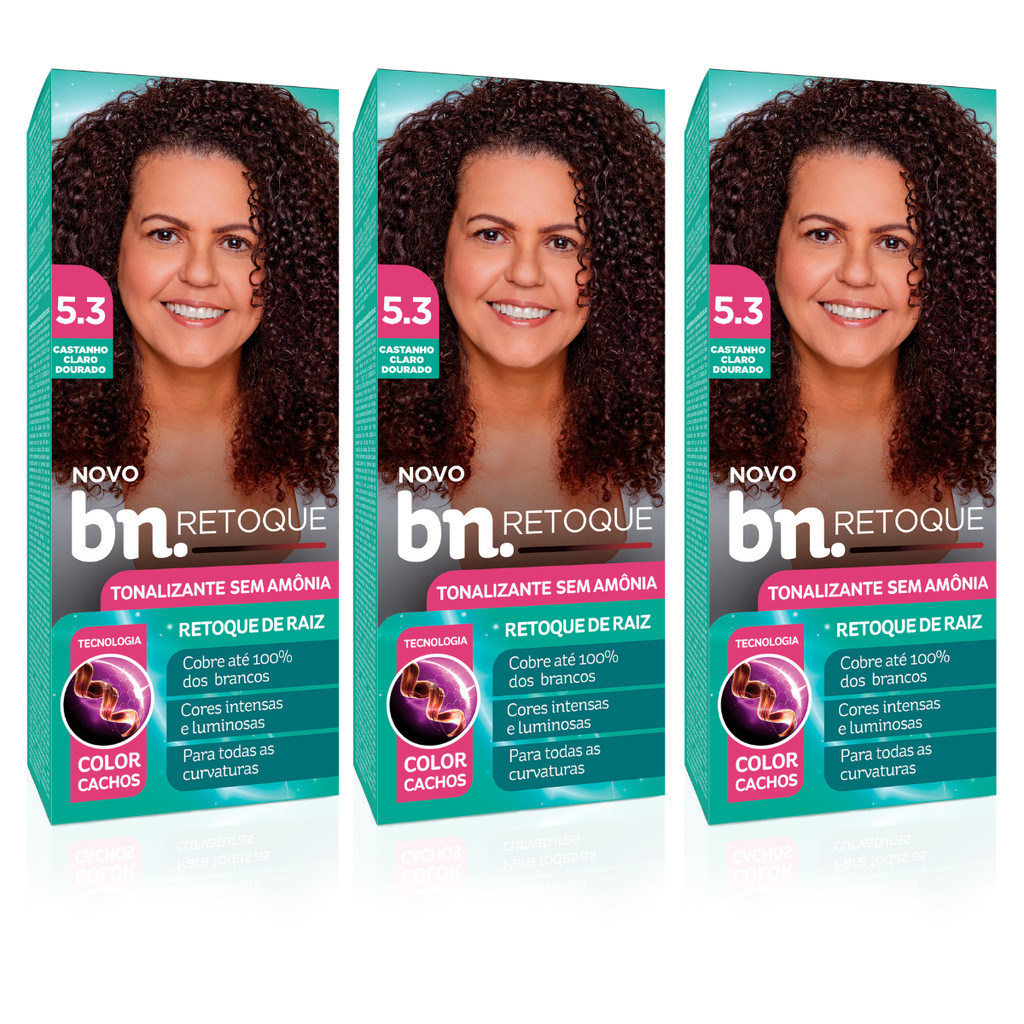 Kit Tonalizante  Castanho Claro Dourado 5.3 Sem Amônia – Beleza Natural – Retoque Raiz (3 Unidades) - Beauty