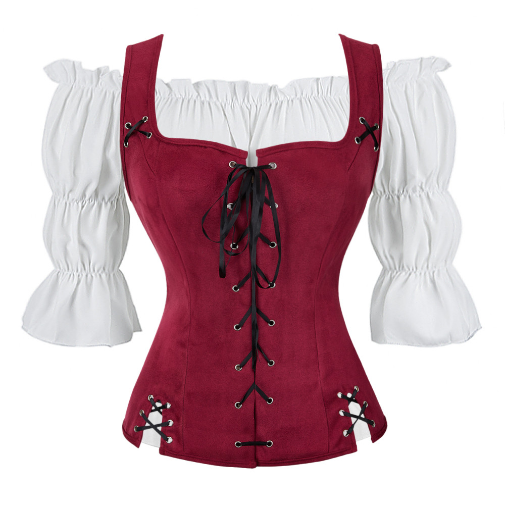 Traje Pirata Feminino Colete Medieval Cosplay Plus Size Blusa Topos 2 Peças Conjuntos Renascentista Marrom Preto Azul