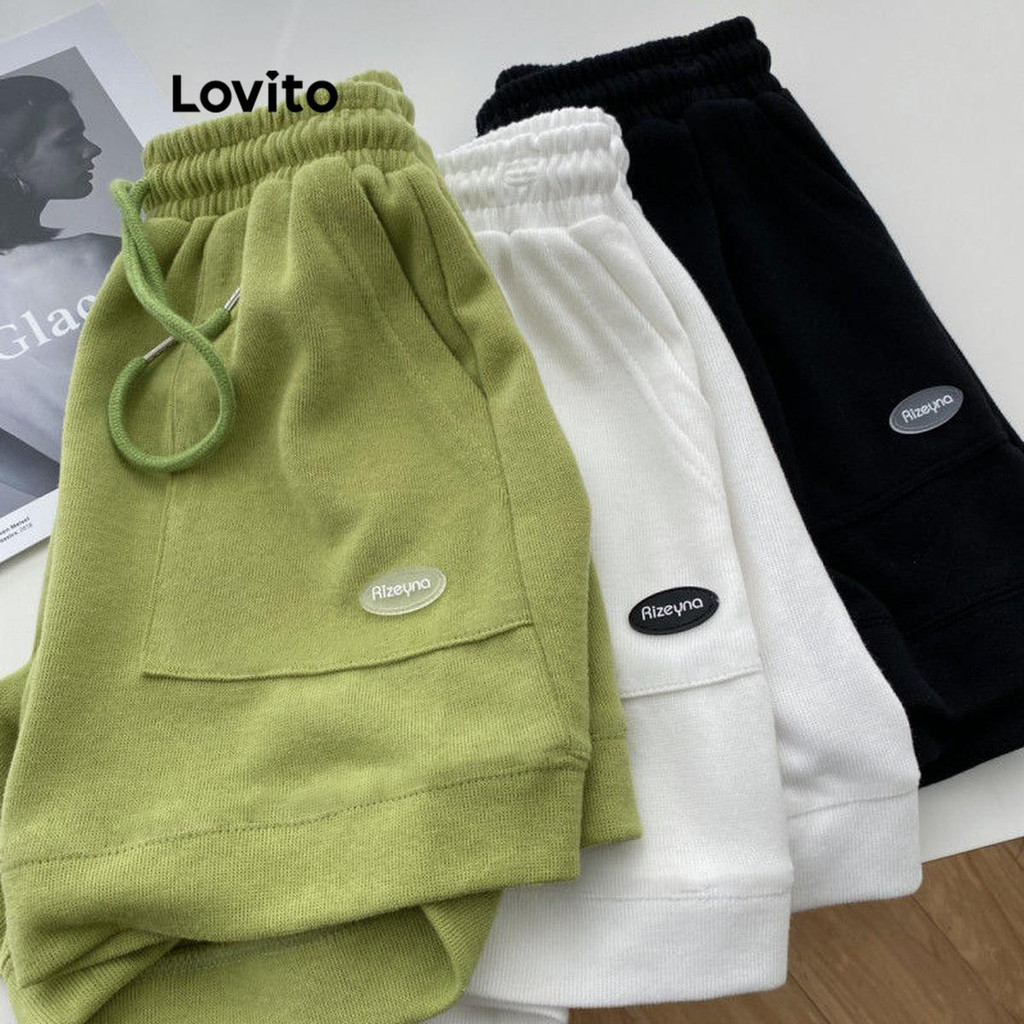 Lovito Shorts esportivos esportivos com cordão simples para mulheres LNL64058