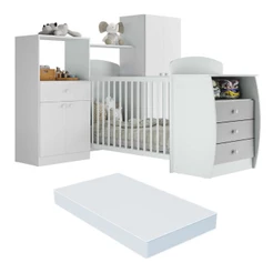 Quarto Infantil com Berço-Cômoda e Colchão Incluso Laura Multimóveis Branco/Cinza