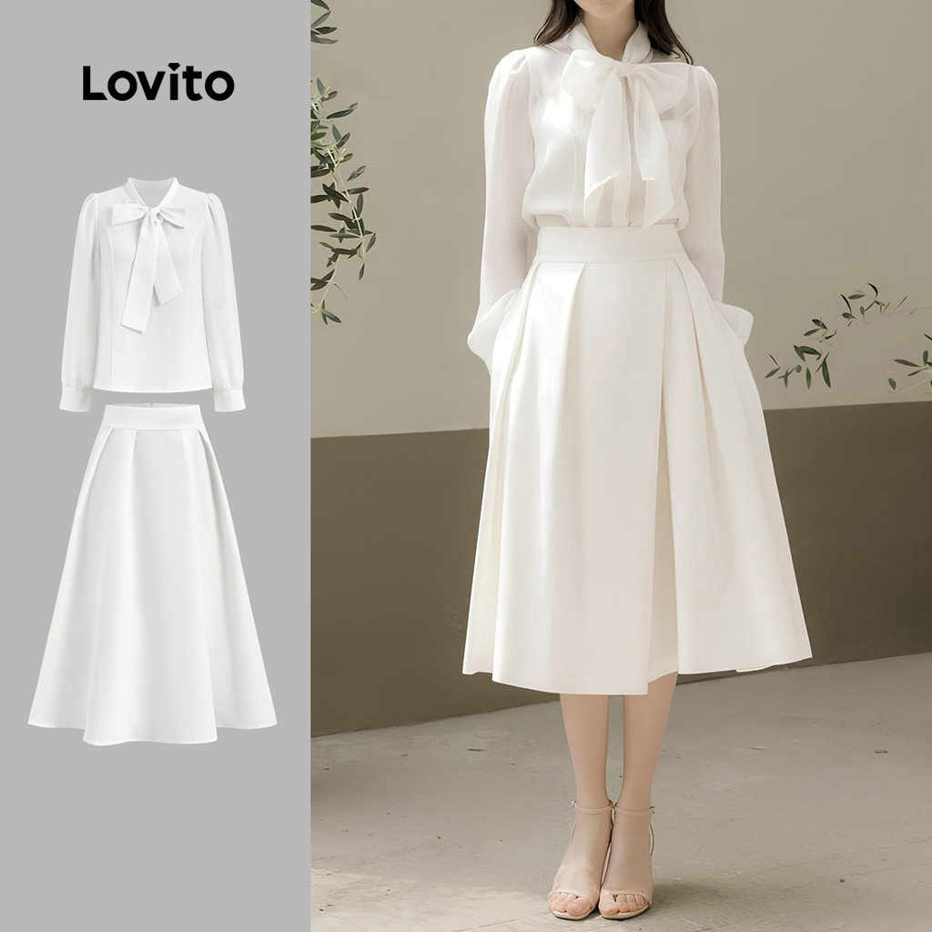 Lovito Tops ou calças elegantes com gravata lisa na frente para mulheres LBL23789
