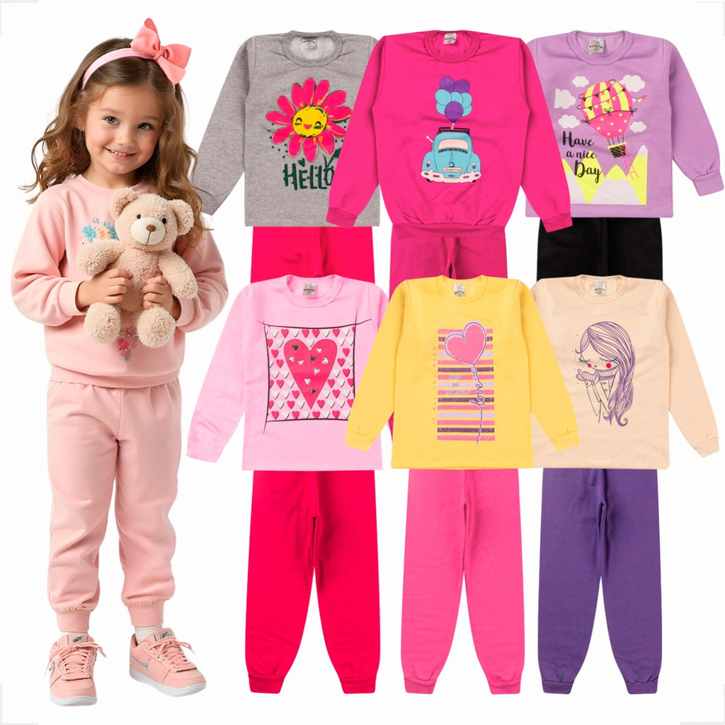 Kit Sortido 6 Peças de Roupas Feminino Infantil Inverno – 3 blusas casacos + 3 calças de 1 ao 8 Menina bebe
