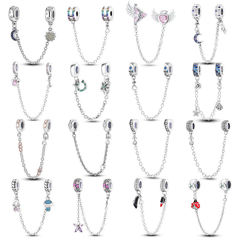 Correntes de Segurança em Prata Esterlina 925 com Estrelas e Lua, Contas Espaciadoras, Charms para Pulseiras Originais 9