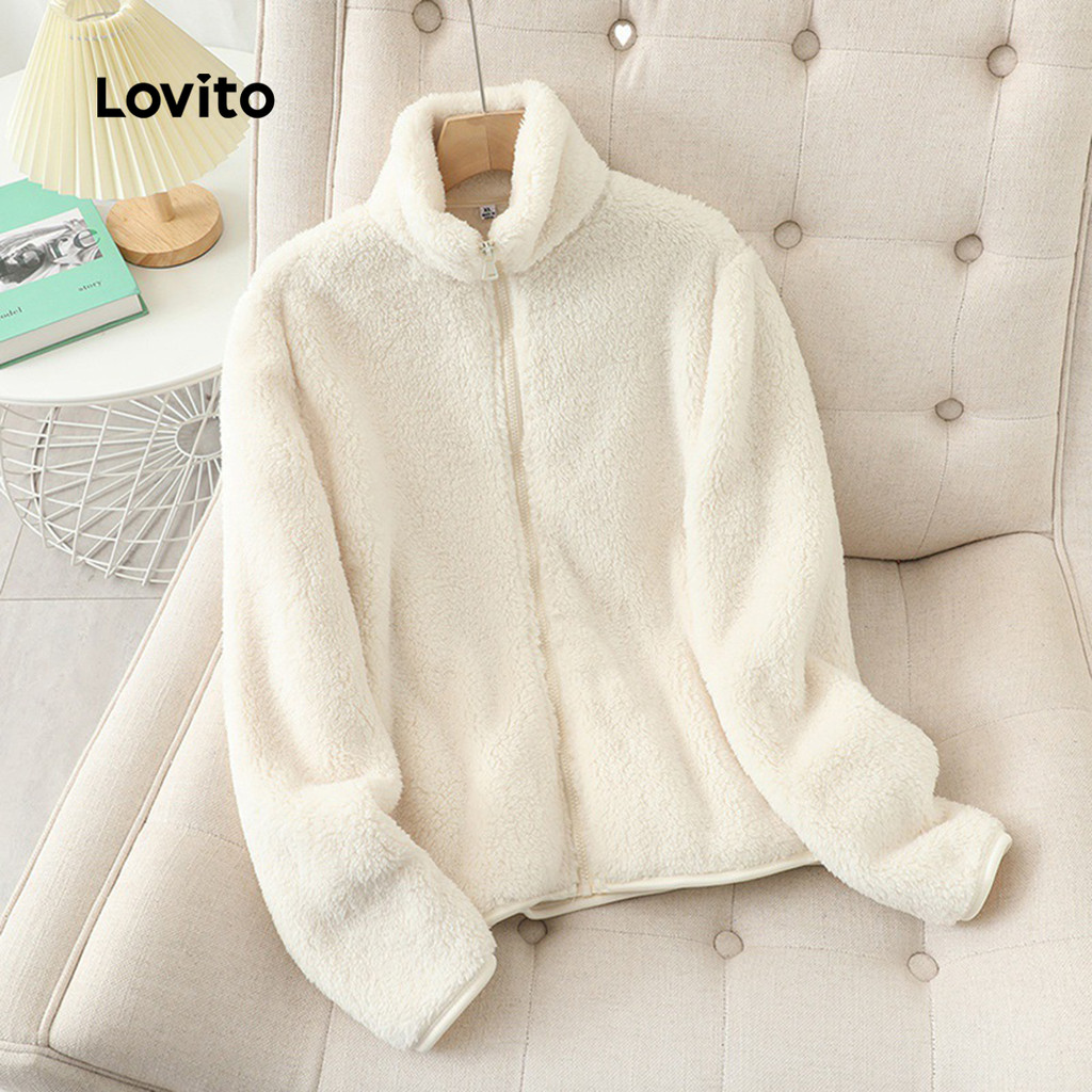 Lovito Casaco Casual de pele sintética com zíper liso para mulheres LNL101616 - Women Clothes